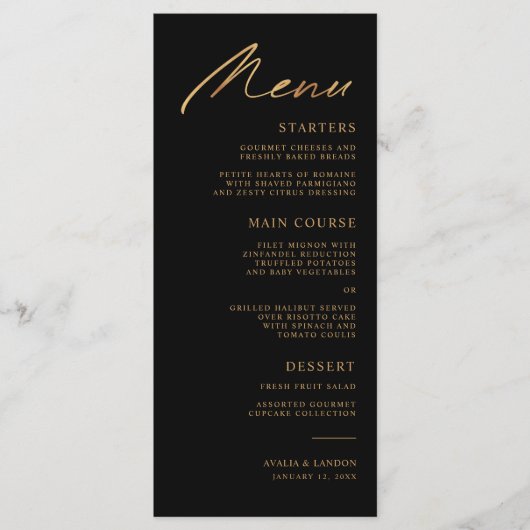 Menu Oiseaux élégants d'un Mariage en plumes noir et or (Devant)