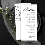 Menu Oiseaux modernes d'un Mariage noir et blanc<br><div class="desc">Ces menus mariages modernes et élégants sont faciles à customiser ! Elles comprennent une élégante lecture topographique,  "Menu" en noir pur,  ainsi qu'un troupeau d'oiseaux sur le dos.</div>