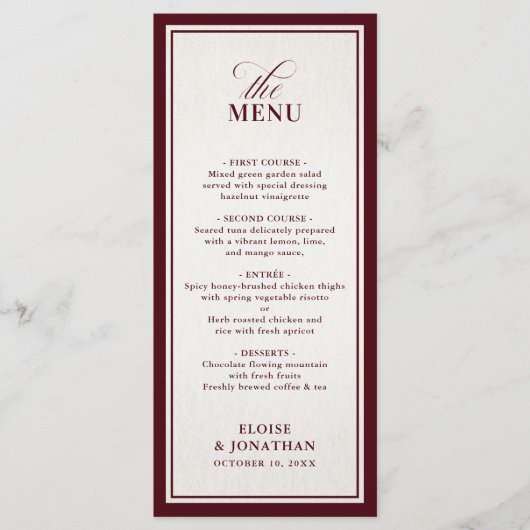 Menu Old Money Modern Formal Burgundy Luxury Wedding (Devant)
