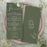 Menu Olive Green Floral Monogramme Dîner Mariage<br><div class="desc">Cet élégant menu de mariages feuille à la verdure fleurie verte olive peut être personnalisé avec vos informations en typographie chic avec vos initiales monogrammes au verso. Conçu par Thisisnotme©</div>