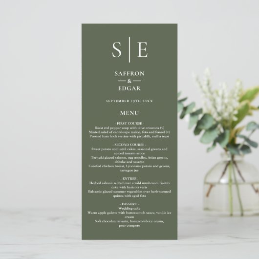 Menu Olive Green Monogram Dîner Mariage (Debout devant)