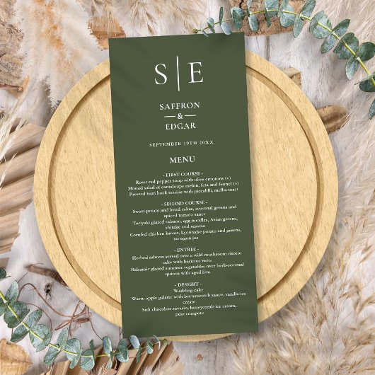 Menu Olive Green Monogram Dîner Mariage