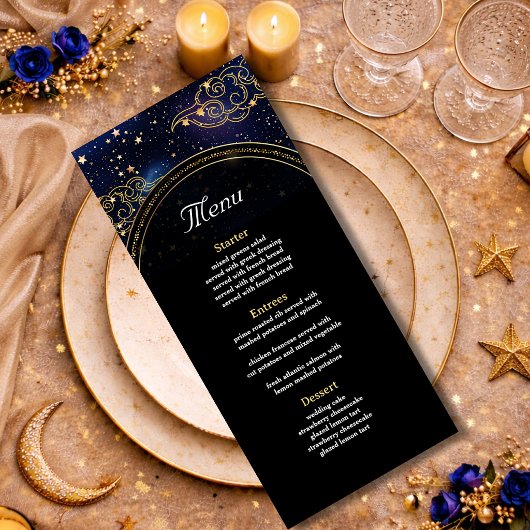 Menu Or bleu astronomie céleste étoiles mariage