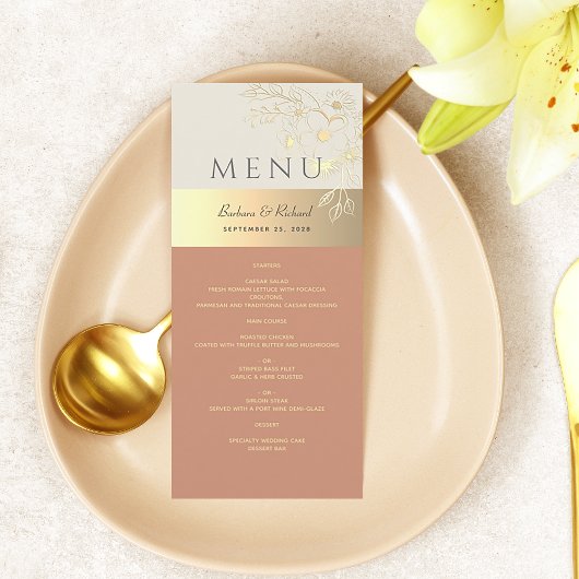 Menu Or floral et Mariage en terre cuite