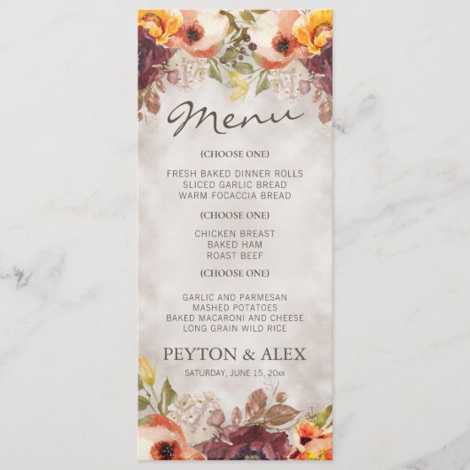Menu Orange Bourgogne Floral Automne Mariage automne (Devant)