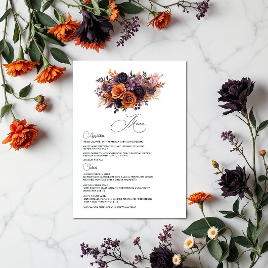 Menu Orange brûlé, violet foncé et Mariage floral noir