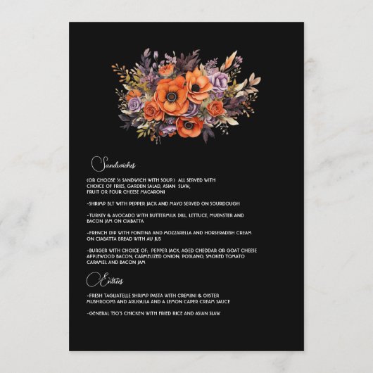 Menu Orange brûlé, violet foncé et Mariage floral noir (Dos)
