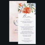 Menu Orange Pêche Dusty Jardin Bleu Mariage Floral<br><div class="desc">Orange, Pêche & Dusty Blue Floral Mariage Menu : Ce beau menu peut être utilisé à votre douche nuptiale ou déjeuner ou même votre mariage. Il présente des fleurs audacieuses en orange, bleu poussiéreux, bleu marine et rose acajou. Le dos contient vos initiales et la date mariage. Vous pouvez ajouter...</div>