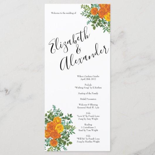 Menu Orange Rose Mariage Floral Moderne (Devant)