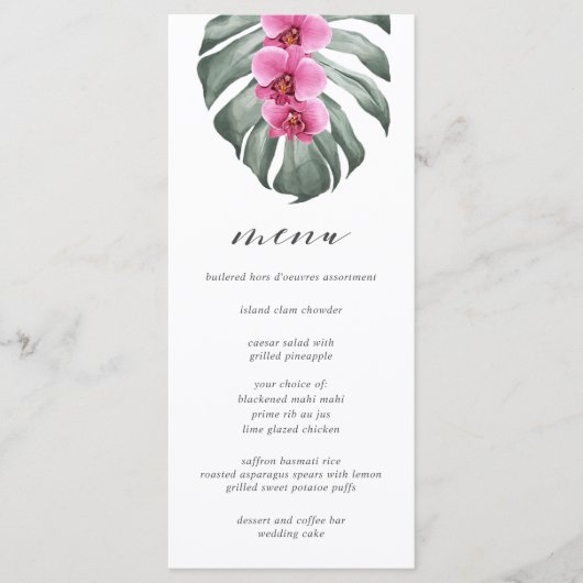 Menu Orchidées roses chaudes sur Monstera Mariage tropi (Devant)