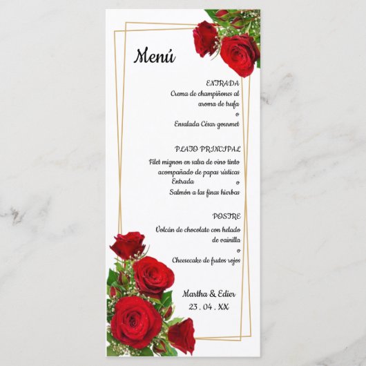 Menu original espagnol de mariage aux roses rouges (Devant)
