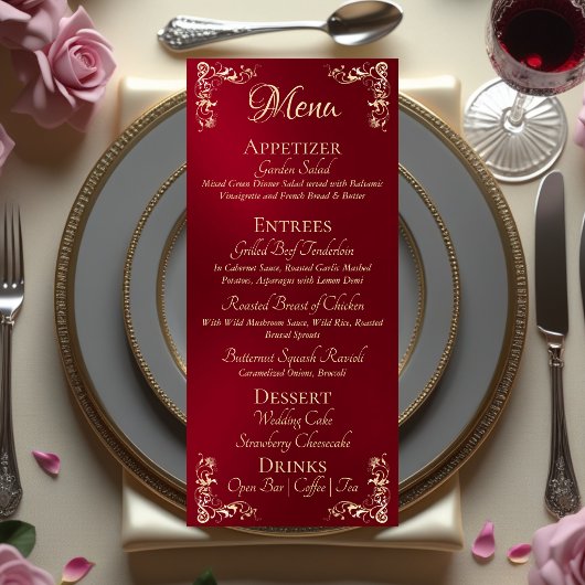 Menu Ornate Border & Heart Monogram - Red