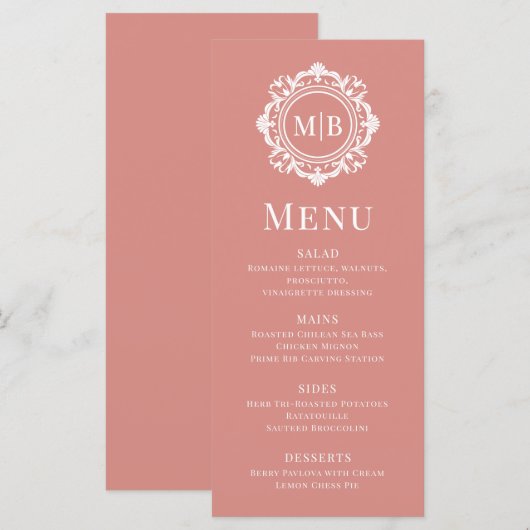 Menu Orné Floral Monogramme Mariage Élégant Rose Or (Devant / Derrière)