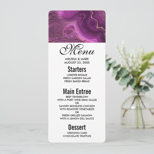 Menu Paarse Amethyst en Gold Abstracte Agate Kaart (Staand voorkant)