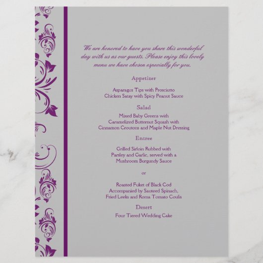 Menu Paarse en zilveren Floral Scroll Wedding (Voorkant)