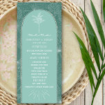 Menu Palm Tree Aqua Beach Wedding<br><div class="desc">Illustration d'art en ligne blanche de palmier feuille motif sur aqua vert arrière - plan avec texte blanc et design palmier sur aqua arche avec bordure bronzée.</div>