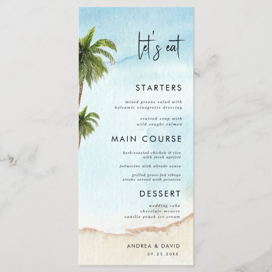 Menu Palm Tree Exotic Tropical Beach Mangeons Mariage (Devant)