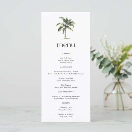 Menu Palm Tree minimal Mariage de plage tropicale (Debout devant)