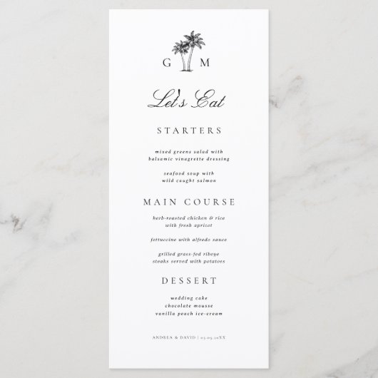Menu Palm Tree Monogram Let's Eat Destination Wedding (Devant)