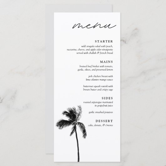 Menu Palm Tree Noir & Blanc Dîner Mariage moderne (Devant / Derrière)