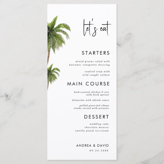 Menu Palm Tree Tropical Exotic Mangeons Plage Mariage (Devant)
