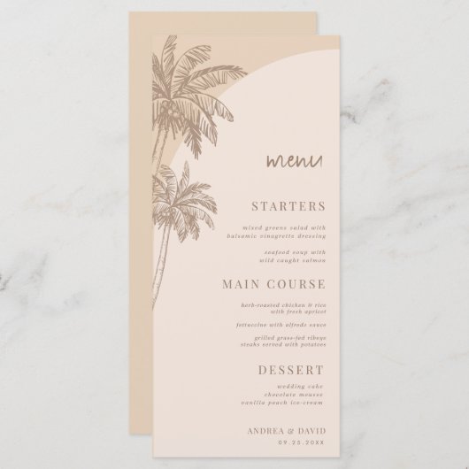 Menu Palmier Beige Tirée À La Main Plage Boho Mariage (Devant / Derrière)