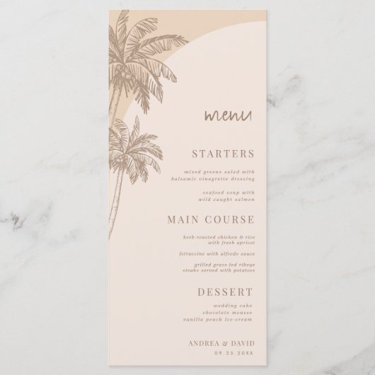 Menu Palmier Beige Tirée À La Main Plage Boho Mariage (Devant)
