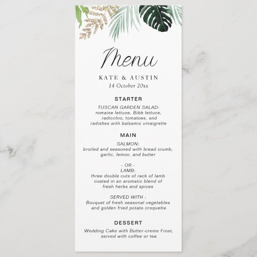 Menu palmier tropical feuille verdure fleurie mariage (Devant)