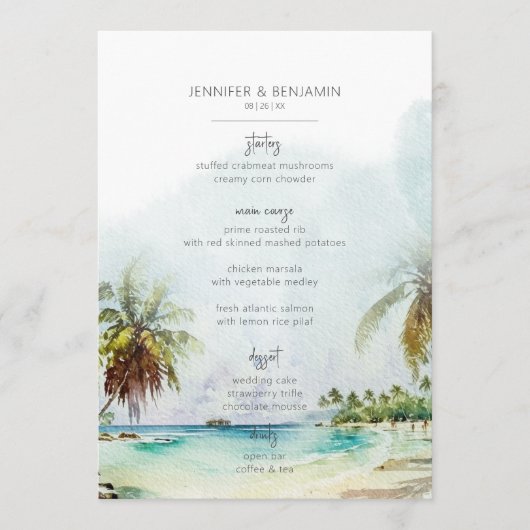 Menu Palmiers tropicaux Plage Scène Mariage moderne (Devant)