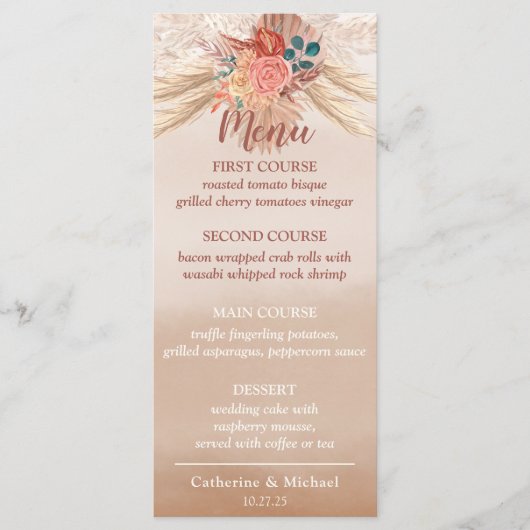 Menu Pampas Grass Terracotta Boho Chic Wedding Party (Devant)