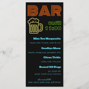 Menu Panneau bar Neon Boissons