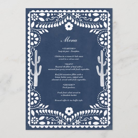 Menu Papel Picado Boda Mexican Rustic Blue Wedding (Devant)