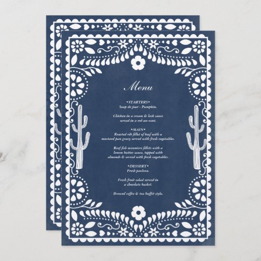 Menu Papel Picado Boda Mexican Rustic Blue Wedding (Devant / Derrière)