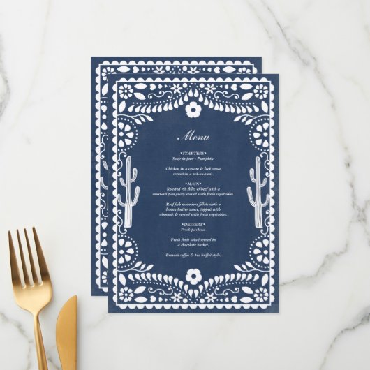 Menu Papel Picado Mariage Mexicain Rustique Bleu (Devant/Arrière en situation)
