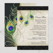Menu Papeterie de mariage à plumes de paon et damas noi (Devant / Derrière)