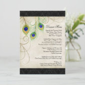 Menu Papeterie de mariage à plumes de paon et damas noi (Debout devant)