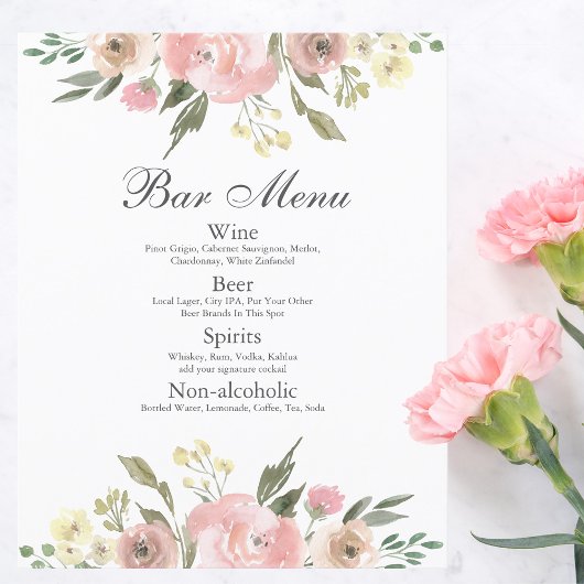 Menu papier à Mariage floral rose-bleu élégant