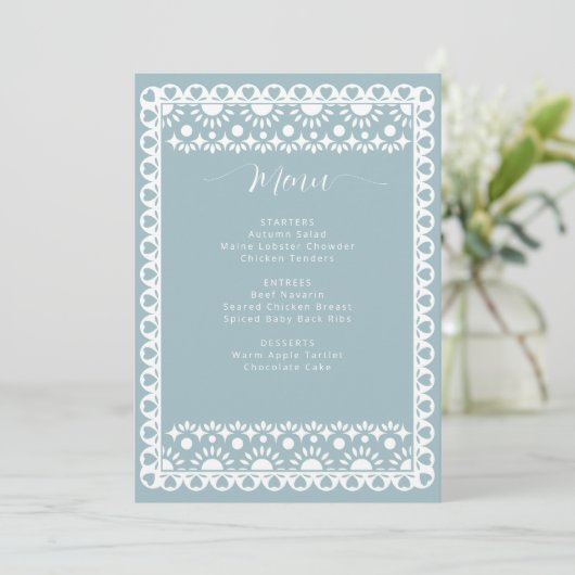 Menu Papier bleu mexicain Fête des mariées Picado Boho (Debout devant)