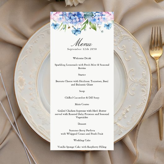 Menu papier de mariage à bordure d'hortensia bleu 