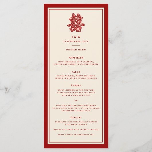 Menu Papier floral coupé Double bonheur Mariage chinois (Devant)