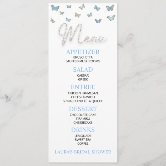 Menu Papillon bleu Fête des mariées à thème (Devant)