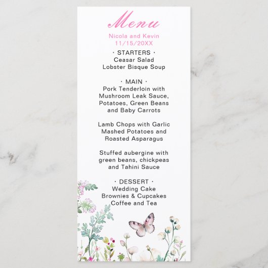 Menu Papillon Floral Vert de Printemps Mariage (Devant)