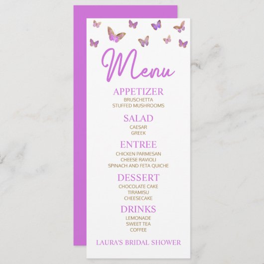 Menu Papillon pourpre Fête des mariées à thème (Devant / Derrière)