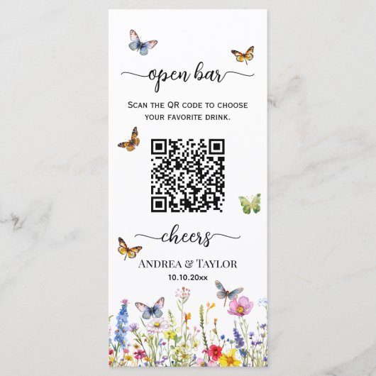 Menu Papillons fleur sauvage QR Code Mariage Open Bar (Devant)