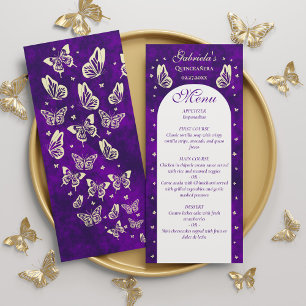 Menu Papillons pourpres en or Quinceañera 15e anniversa