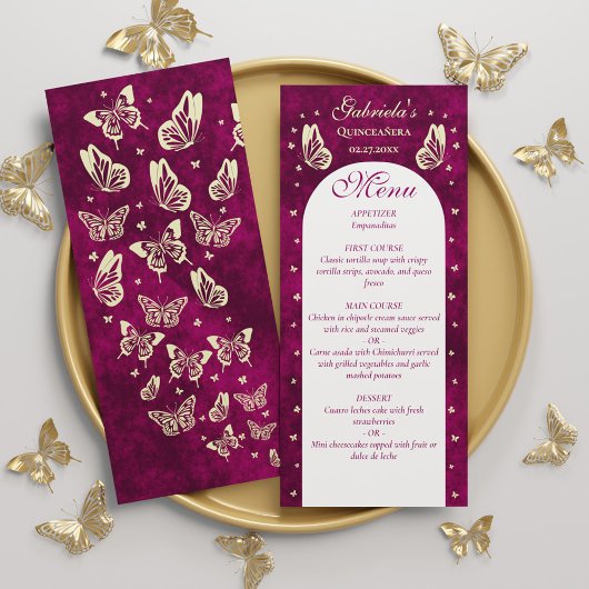 Menu Papillons rose or Quinceañera Fille Anniversaire