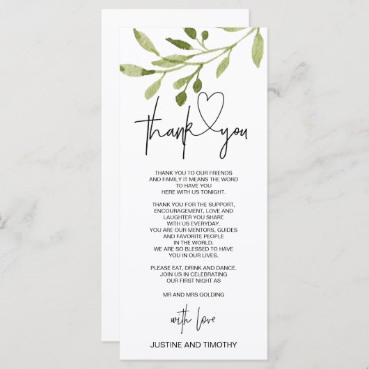 Menu Paramètre de table de Merci de Mariage Eucalyptus (Devant / Derrière)