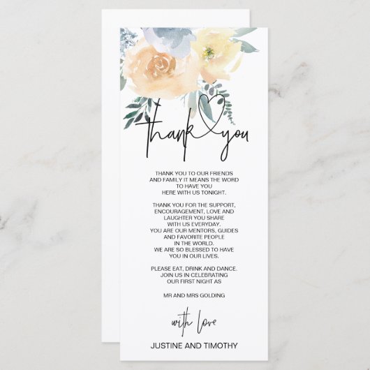 Menu Paramètre de table de Merci de Mariage Floral Blue (Devant / Derrière)