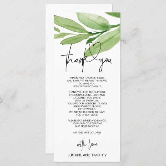 Menu Paramètre de table de Merci Mariage Eucalyptus ver (Devant / Derrière)