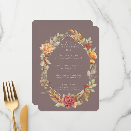 Menu Parcours 3 Plat à cadre floral Thanksgiving (Devant/Arrière en situation)